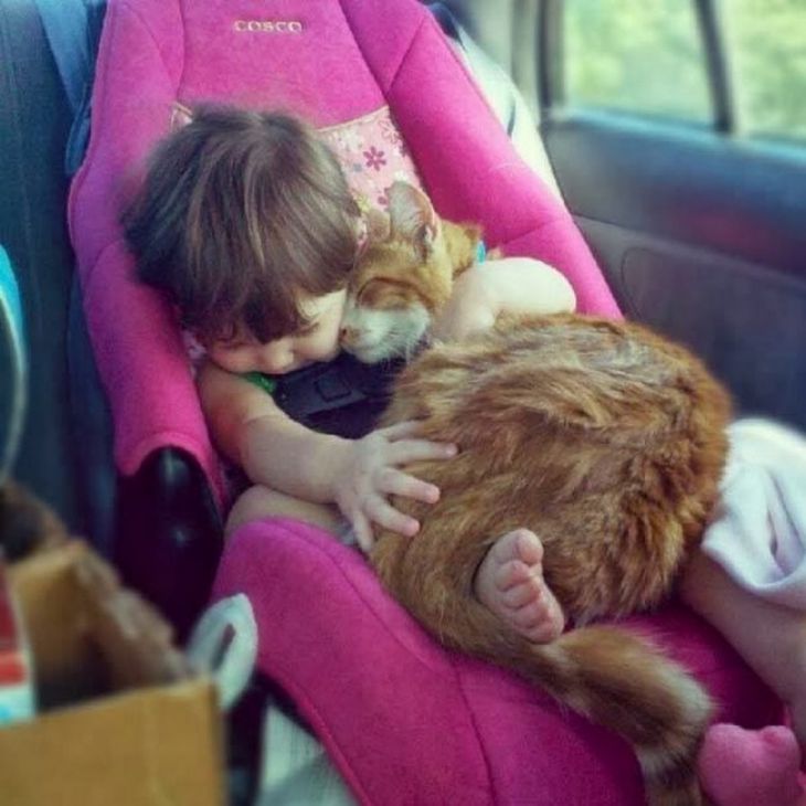 Baby som sover med katt