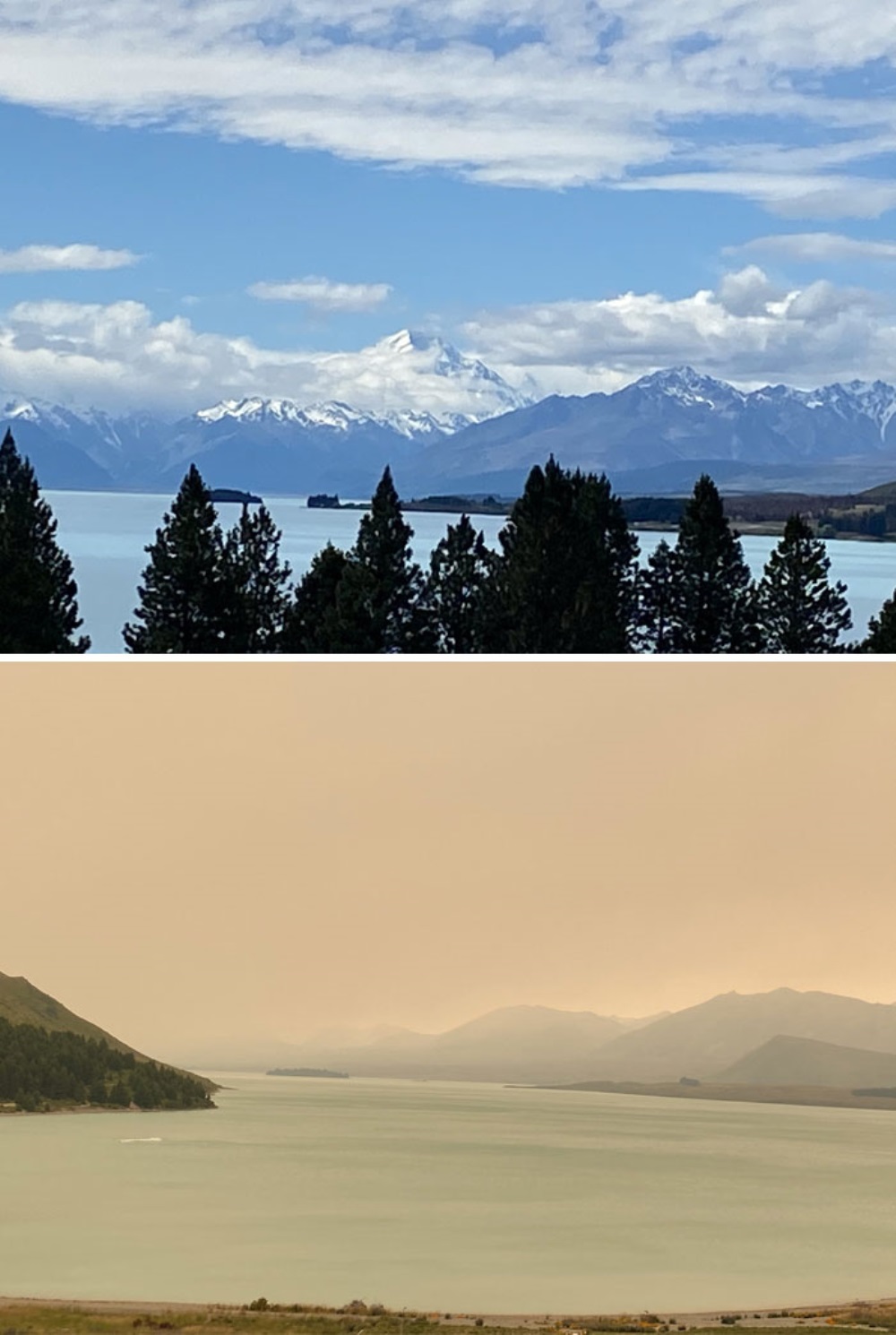 El humo de los incendios de Australia impide ver el Monte Cook en Nueva Zelanda
