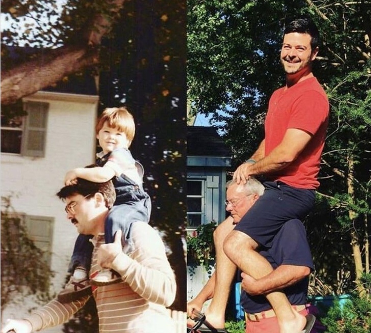 Pai e filho divertem-se juntos, 30 anos depois