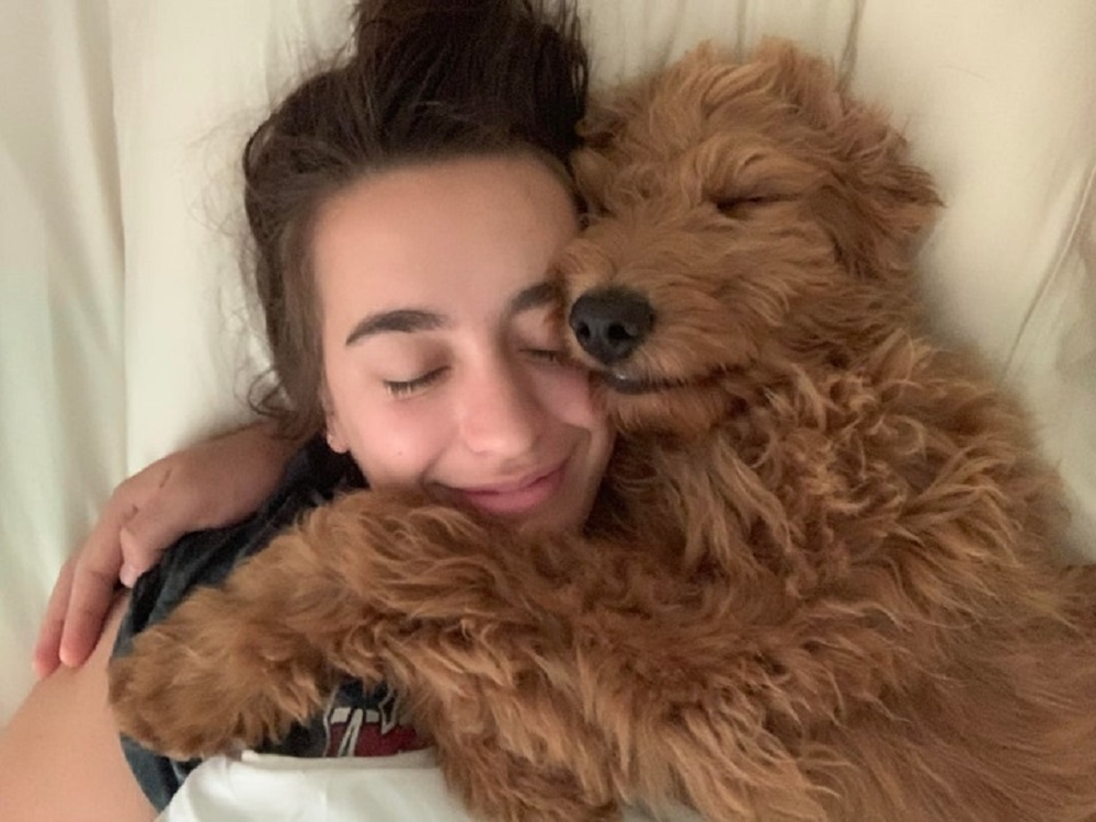 Menina dormindo com um cachorro