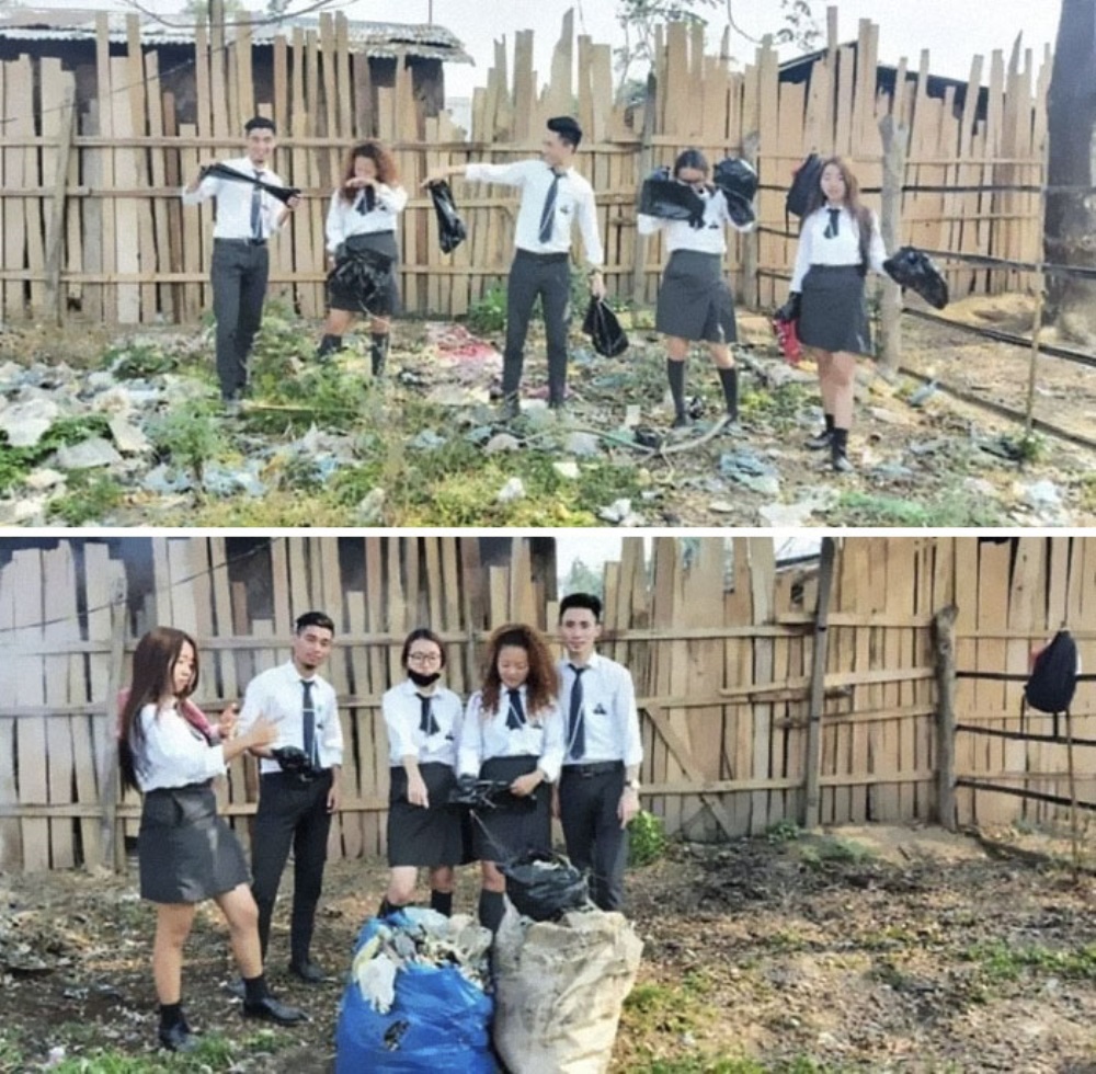 Os alunos limparam o quintal sujo