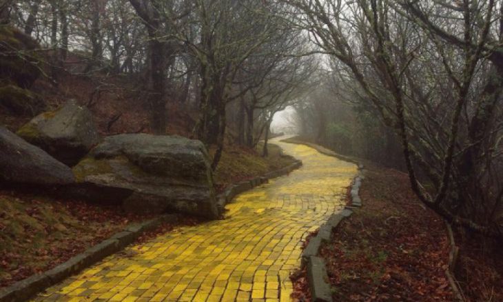 Estrada de tijolos amarelos no abandonado parque temático ’Land of Oz’ na Carolina do Norte, EUA